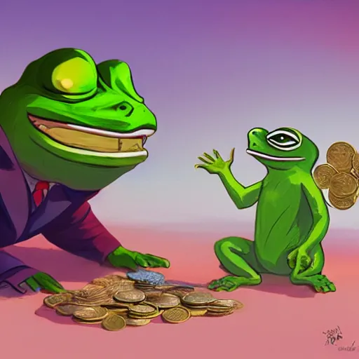 Image similar to super rich happy pepe, luxury, treasury, coins, money, hyper detalied, blue crystals, greg rutkowski, artstation