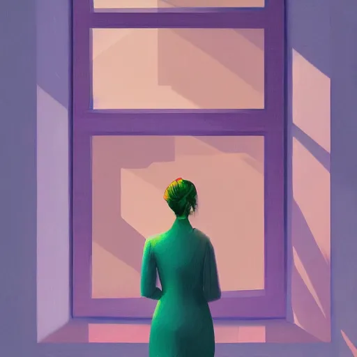 Image similar to closeup, giant flower head, woman next to modern windows, luxury apartment, surreal photography, dramatic light, impressionist painting, digital painting, artstation, james gilleard