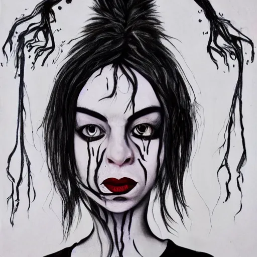 Prompt: a gothic portrait painting of billie eilish by dr seuss, | demonic | horror themed