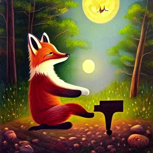 Image similar to A fox playing the piano in a meadow in the forest during the night under the moonlight, children’s book oil painting
