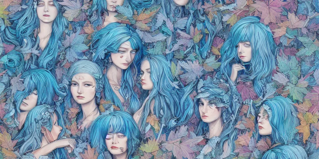 Image similar to breathtaking detailed concept art painting pattern with pastel colors of blue hair faces goddesses amalgamation autumn leaves, by james jean, bizarre compositions, exquisite detail, 8 k