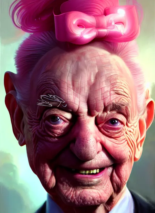 Prompt: portrait of george soros, realistic, smile, ugly, defined jawline, pink hair bow, intricate, elegant, glowing lights, highly detailed, digital painting, artstation, sharp focus, illustration, art by wlop, mars ravelo and greg rutkowski