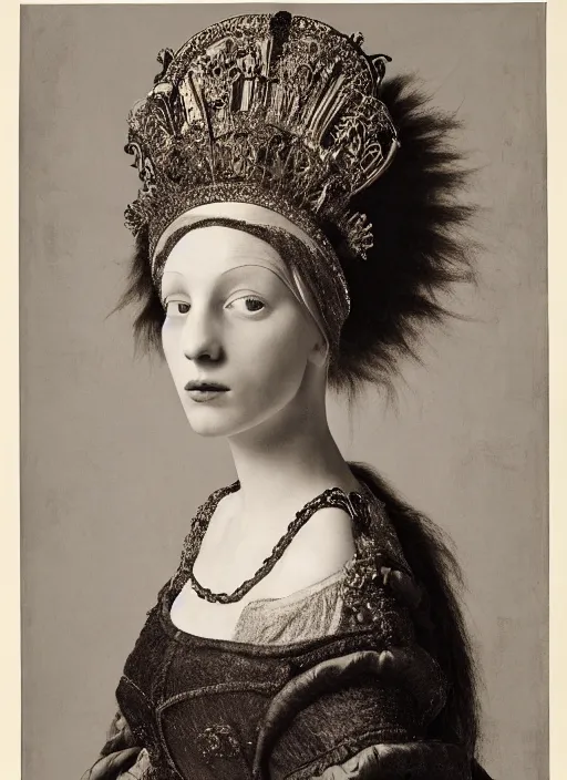 Prompt: portrait of young woman in renaissance dress and renaissance headdress, art by richard avedon