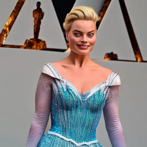 Image similar to Margot Robbie as Elsa in disney frozen live action, 8k full HD photo, cinematic lighting, anatomically correct, oscar award winning, action filled, correct eye placement,