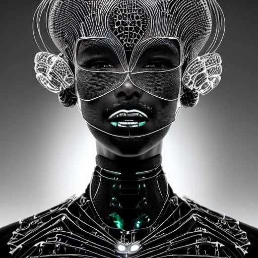 Image similar to portrait of an absurdly beautiful, graceful, sophisticated, fashionable black cyberpunk mechanoid gravure idol, ultrafine hyperdetailed illustration by irakli nadar, matt wisniewski style, marvel comics, intricate linework, porcelain skin, neon jellyfish headdress, ivory carved ruff, unreal engine 5 highly rendered, global illumination, radiant light, detailed and intricate environment