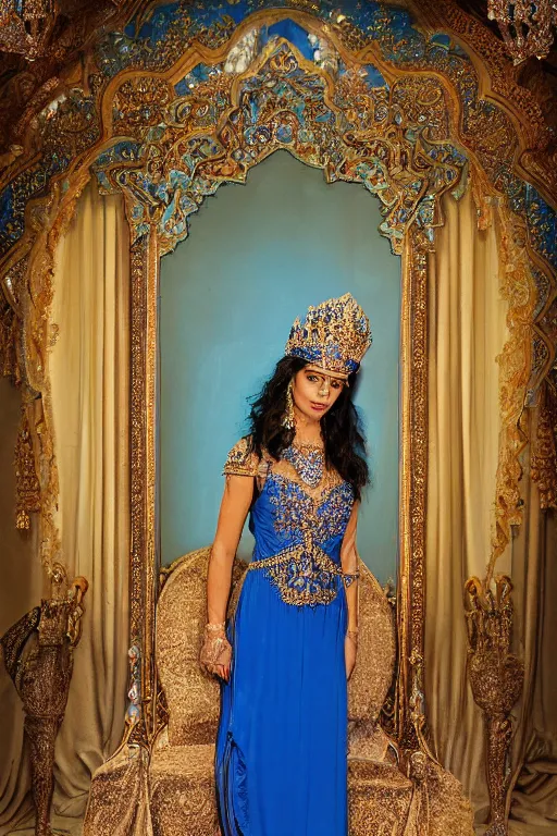 Prompt: a dramatic photo of a beautiful persian princess wearing a blue dress standing in a throne room lit from above. Photorealistic