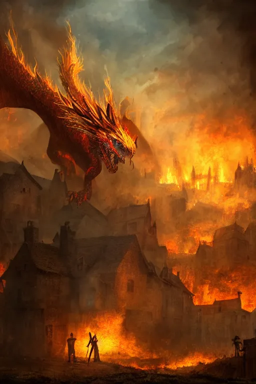 Prompt: a medieval village being attacked by a giant fire dragon, digital art, high quality, 4k HDR, concept art, trending on DeviantArt, highly detailed, tarot card, fantasy style, dramatic lighting, cinematic, path tracing, low contrast