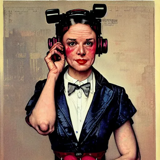 Image similar to portrait of a dapper cyberpunk woman, so happy that her face hurts, by norman rockwell