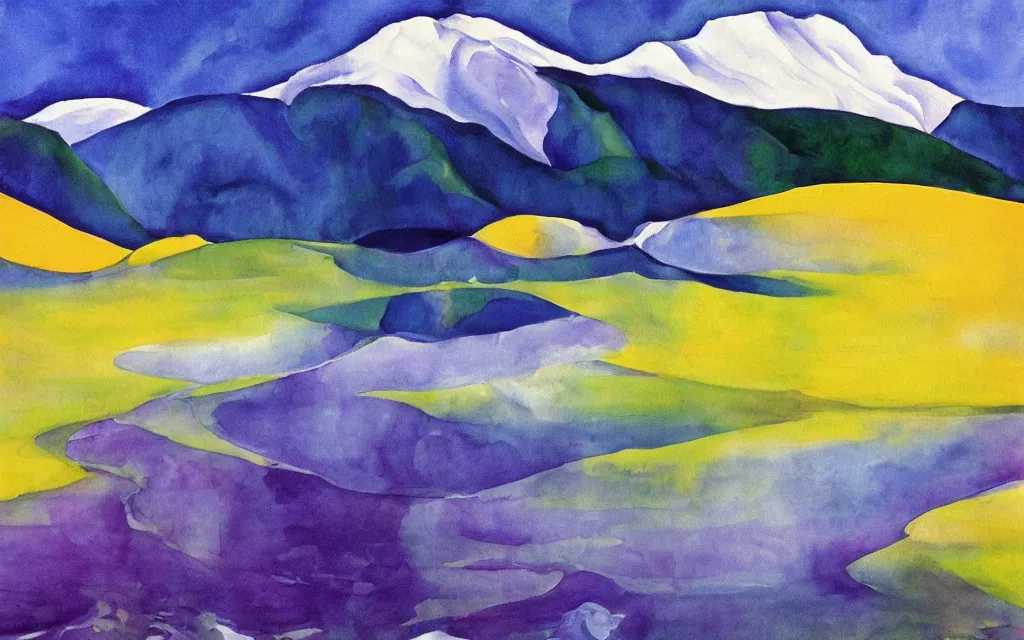 Image similar to the alps and reflection in a lake in the style of georgia o keeffe. colorful, wavy. painting. medium long shot. perspective. color palette of blue, yellow, purple, green. alpenguhen