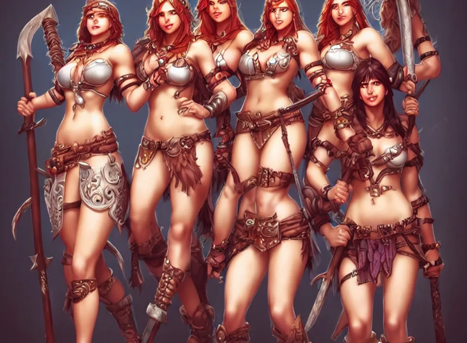 Image similar to very beautiful group of female barbarian women, smiling, flirty, eye contact, perfect face, perfect body, drawn by artgerm