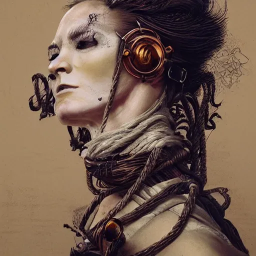 Image similar to portrait of a Shibari rope wrapped face and neck, headshot, insanely nice professional hair style, dramatic hair color, digital painting, of a old 17th century, old cyborg merchant, amber jewels, baroque, ornate clothing, scifi, realistic, hyperdetailed, chiaroscuro, concept art, art by Franz Hals and Jon Foster and Ayami Kojima and Amano and Karol Bak,