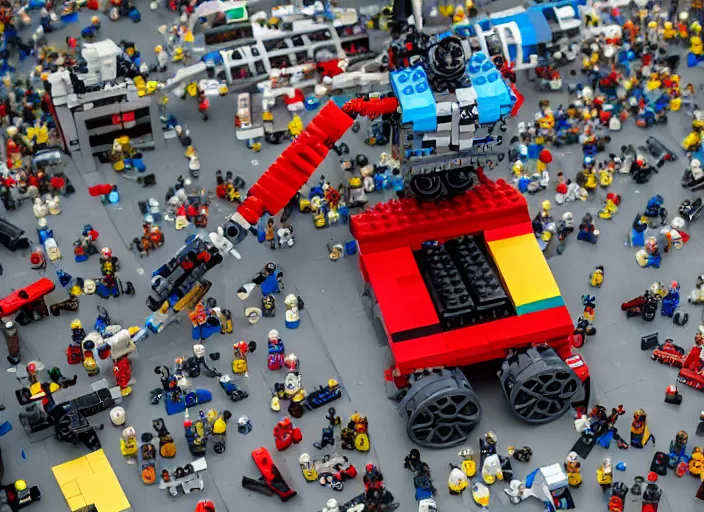 Image similar to a high-definition photograph of a huge robot built of Lego bricks and Lego motors