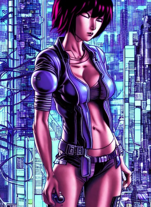 Image similar to motoko kusanagi in grungy cyberpunk megacity, intricate and finely detailed, cyberpunk vaporwave, portrait by j scott campbell