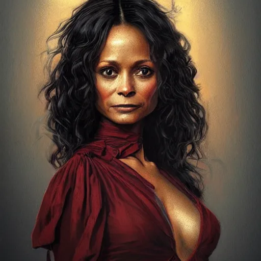 Image similar to full figure ultra realistic illustration, thandie newton wearing a maiden red dress, black wavy hair, old west, intricate, elegant, highly detailed, digital painting, artstation, concept art, smooth, sharp focus, illustration, art by artgerm and greg rutkowski and alphonse mucha