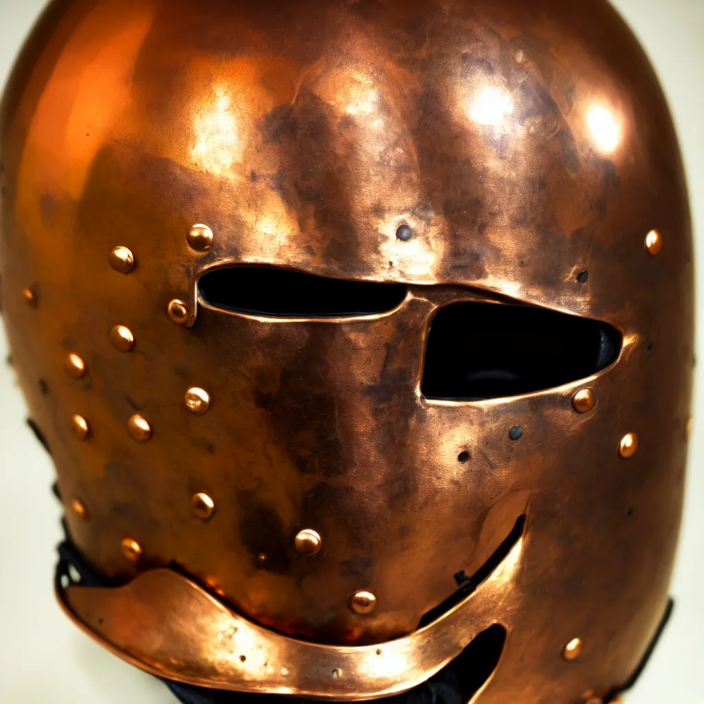 Image similar to a photo of a duel knight's helmet that is made of copper and gold, beautiful ornated details