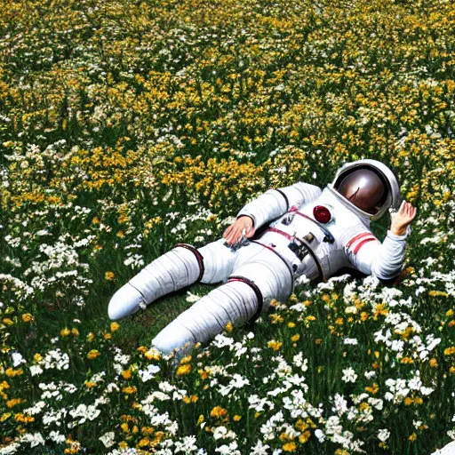 Prompt: an astronaut lying in field of flowers.