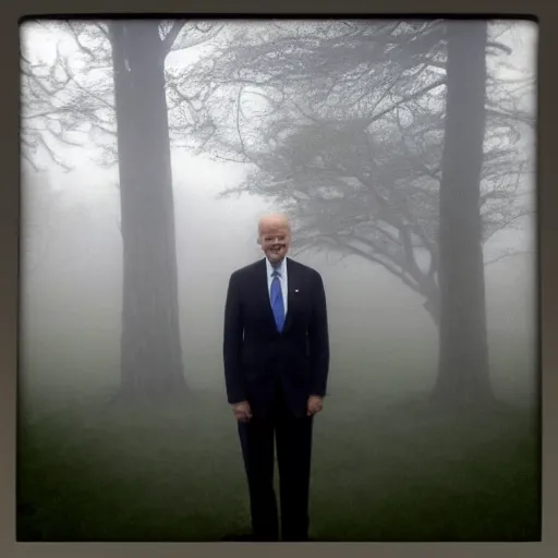 Image similar to low quality iphone photo taken in front of a house window of joe biden with standing ominously in the foggy woods with a demonic smile in his face, creepy