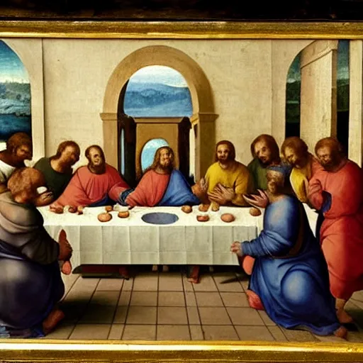 Image similar to a renaissance painting of minions at the last supper