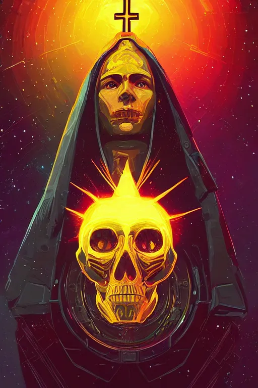 Image similar to portrait of the galactic arch skull bishop, the nova cross holds the power of the sun, by alena aenami, by ross tran, digital art painting