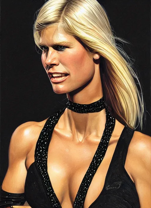 Image similar to muscled Elin Nordegren shiny sparkling diamonds, mouth slightly open, wearing intricate black choker, elegant, highly detailed, centered, digital painting, artstation, concept art, smooth, sharp focus, illustration, artgerm, donato giancola, Joseph Christian Leyendecker, WLOP, Boris Vallejo, Artgerm