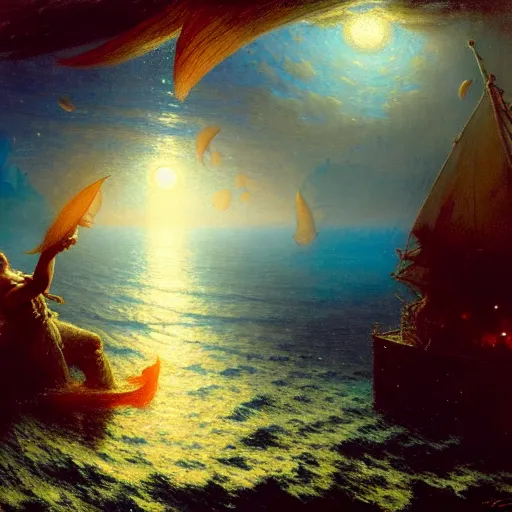 Image similar to point of view of deep in the ocean looking up, you see fishes, the milk way, night time, midnight, no sunlight. highly detailed painting by gaston bussiere, greg rutkowski 8 k