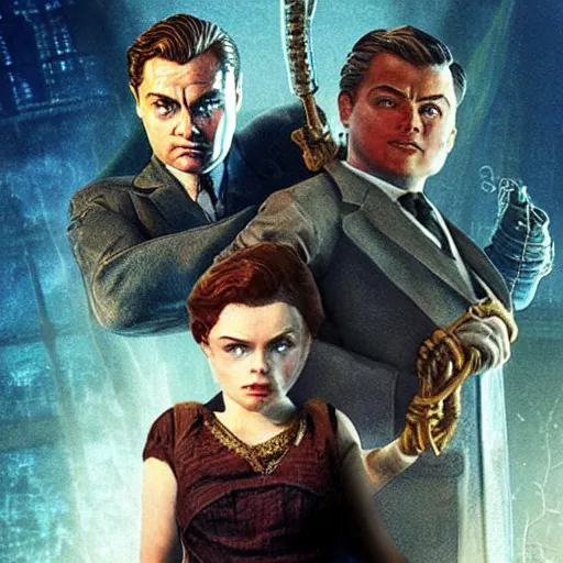 Image similar to movie poster depicting andrew ryan, portrayed by leonardo dicaprio, in a new live - action bioshock movie, the underwater city of rapture is also present, highly detailed face