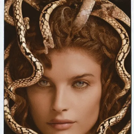 Image similar to a very beautiful polaroid picture of medusa with detailed snake hairs, award winning photography