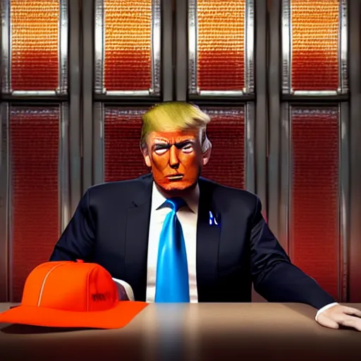 Image similar to “Donald trump sitting at a prison table surrounded by convicts in orange jumpsuits, he looks sad and afraid, realistic, detailed portrait, 4K, octane render”