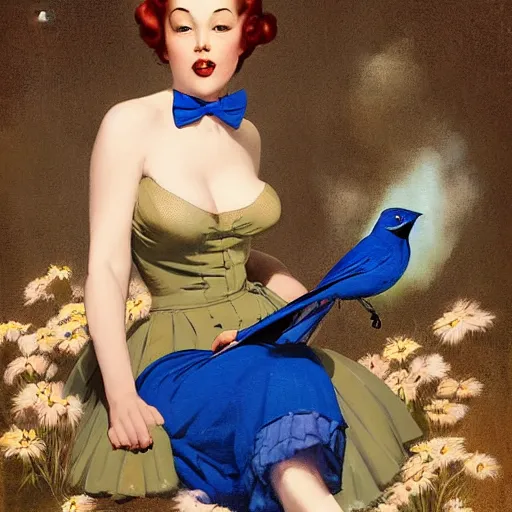 Image similar to portrait of a pinup girl holding an indigo bunting, bird, the bird is wearing a bowtie, by greg rutkowski, rossdraws, gil elvgren, enoch bolles, anime, porcelain skin, very coherent