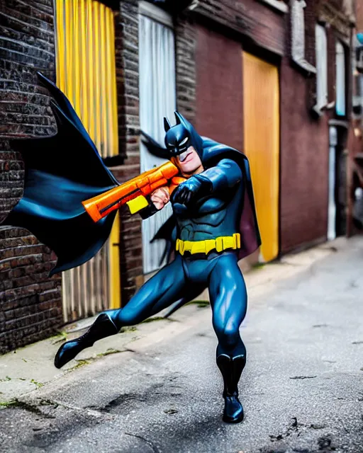 Image similar to happy batman firing super soaker water gun in an alleyway, everyone having fun, toy product advertisement, photography