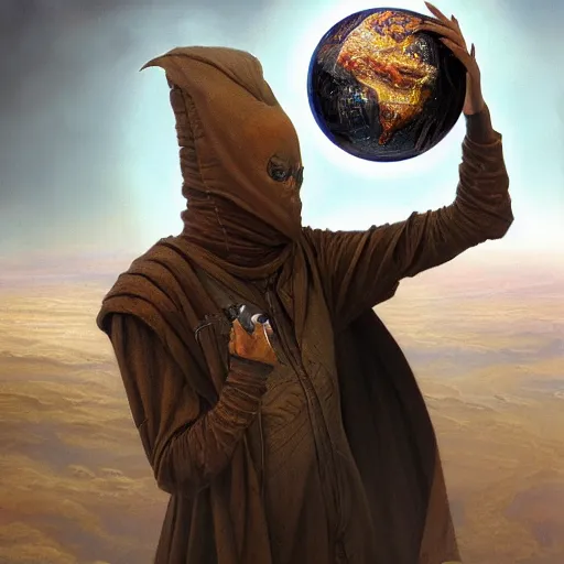 Image similar to masked nomad male wearing a cloak on an alien world and holding a holographic planet projection in his hand, detailed, sci - fi, digital painting, artstation, sharp focus, illustration, ominous, artgerm, tomasz alen kopera, peter mohrbacher, donato giancola, joseph christian leyendecker, wlop, frank frazetta