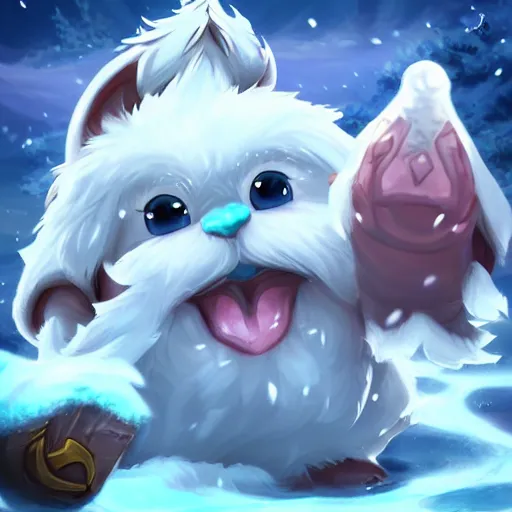 Image similar to legends of runeterra HD splash art pinterest cute small poro freljord snow soft fur happy huge tongue