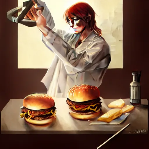 Prompt: Kelly Reilly performing emergency surgery on a big mac hamburger, dripping BBQ Sauce, operating on burgers, operating room, surgical gear, intricate, elegant, highly detailed, digital painting, artstation, concept art, matte, sharp focus, illustration, art by Artgerm and Greg Rutkowski and Alphonse Mucha