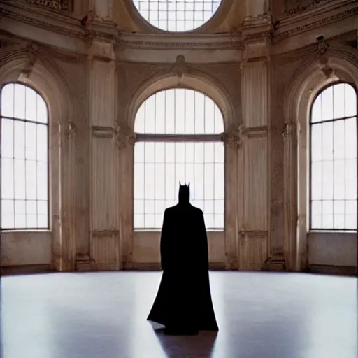 Image similar to Batman standing in giant Italian modern castle living room, clean minimalist design, that is 1300 feet tall, with very tall giant walls filled with modern art paintings, doors that are cosmic portals, photo by Annie Leibovitz