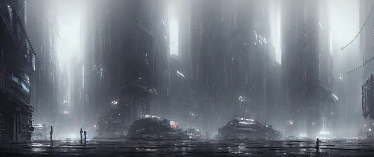 Image similar to dystopian cyberpunk world, with doors everywhere, grey sky, monochrome except doors, concept art, matte painting, high detail, volumetric, large scale, digital painting, style of jordan grimmer, high res