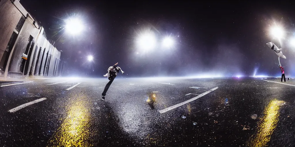 Image similar to fisheye lens trail effect of astronauts doing break dance, long exposure shot , foggy night in the middle of a rainy street with colorful rim lights, paddle of water water splashes, glossy reflections, water droplets on lens, tongue of fire, detailed and soft, fisheye lens, smooth, sharp focus, professional photoshoot, film grain, film look, inspired by blade runner