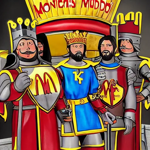 Image similar to king author and the knights of mcdonalds, highly detailed, high quality, high resolution