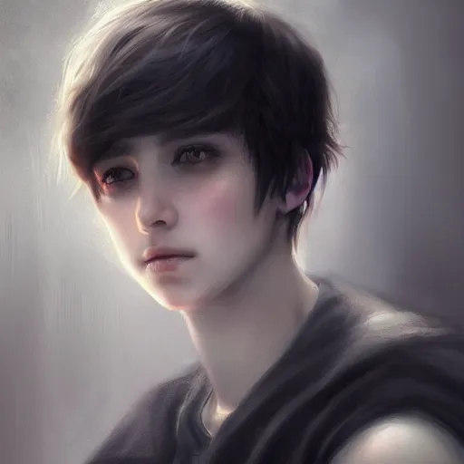 Image similar to a feminine boy with short dark hair, emo, digital art, photorealistic, 8 k resolution, beautiful face, feminine face,, very pretty face, very detailed eyes, by wlop, greg rutkowski