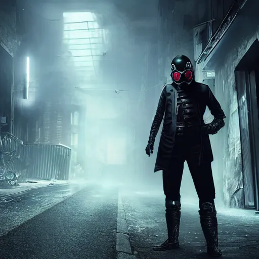 Image similar to hooden villain wearing a kamen rider gas mask, red eyes, smoke coming out of his body and coat, dark background, in a dark alley, unreal engine 5, ultra realistic, detailed, fog, volumetric lighting, by greg rutkowski,