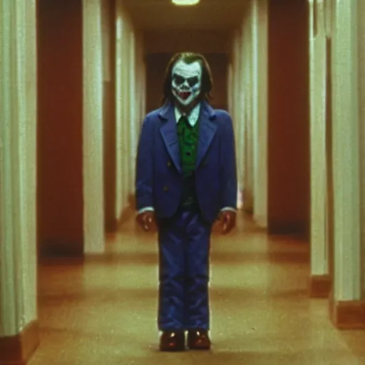 Image similar to jack torrance as the joker in the shining, standing at end of long hall, widescreen shot, anamorphic film, screenshot by stanley kubrick
