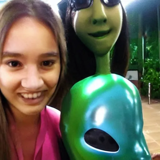 Prompt: Selfie, A girl stand next to an alien.