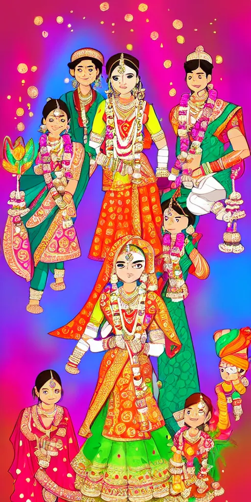 Image similar to beautiful indian wedding, very colorful, very cute, studio ghibli lighting, digital art, art of the day, best art award