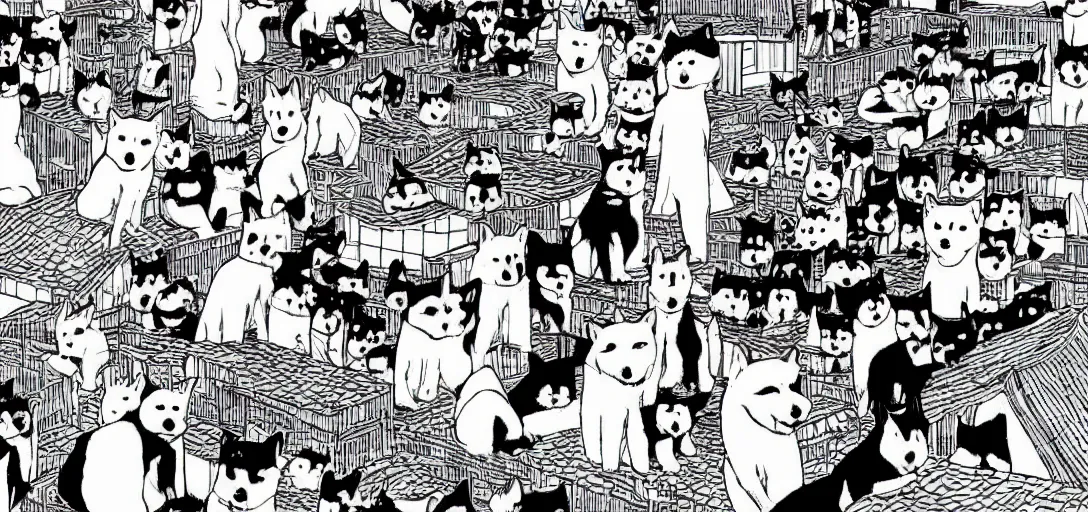 Image similar to shiba inu in a Japanese town by Junji Ito