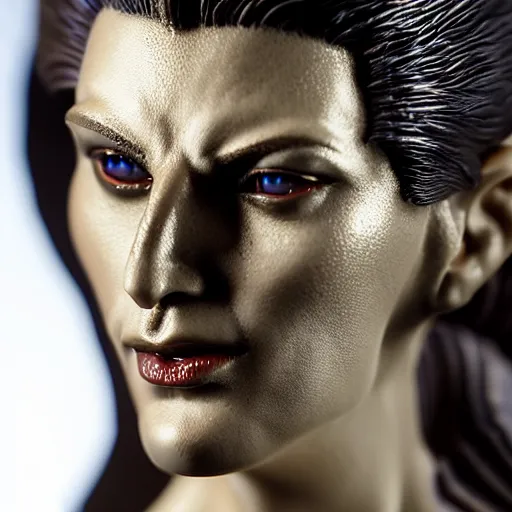 Image similar to photo taken of an epic intricate, ultra detailed, super realistic bust of a majestic gracious regal aristocratic brunette female vampire created by weta workshop, menacing, some zoomed in shots, photorealistic, sharp focus, white wall, extremely cold blueish colour temperature, 3 5 mm, f 1. 4, golden ratio