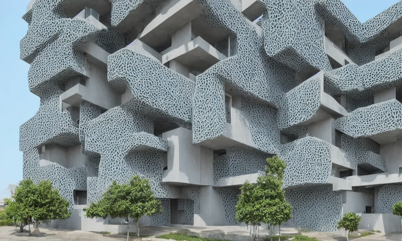 Prompt: african algae concrete additive printed multifamily modern architecture, colorful geometric exterior rain - screen cladding, architectural sculptural interior, visually satisfying architecture render in vray