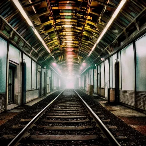 Image similar to A train station platform in the Upside Down from Stranger Things, spooky, vines everywhere, horror movie atmosphere, film still from Stranger Things