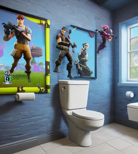 Prompt: a 4 k photorealistic photo of a fortnite themed toilet.