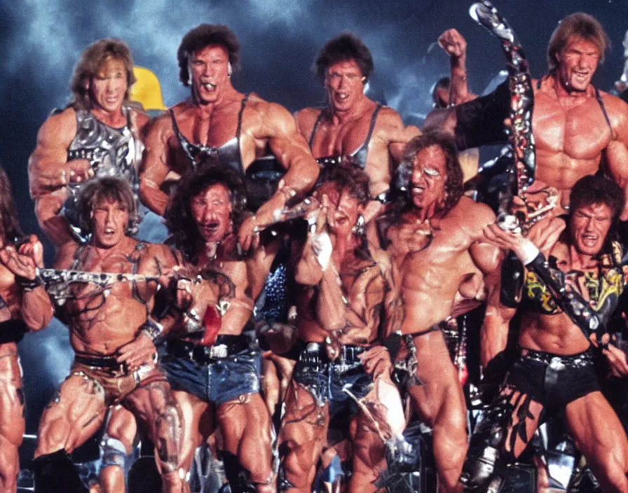 Prompt: colour photo off arnold schwarzenegger, sylvester stallone, dolph lundgren, Chuck Norris and Jean-Claude Van Damme in a heavy metal band, playing guitars, guitar solo, drums, on stage at monsters of rock 1992, wearing colourful spandex lycra suits, massive amplifiers, pyrotechnics, smoke, 28mm, wide angle, vivid colors, daylight, photo real, press photographs, Eastman EXR 50D 5245/7245