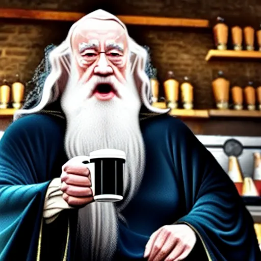 Image similar to Dumbledore sips coffee at Starbucks