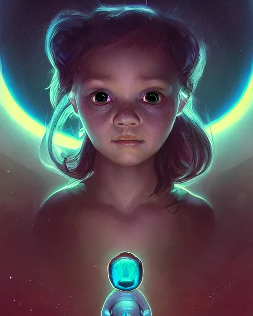 Image similar to one signular portrait of a cute bioluminescent baby creature with big glowing eyes, highly detailed, digital painting, cinematic, hyper realism, dark retrowave, art by Stanley Lau and Artgerm and magali villeneuve and Alphonse Mucha, artstation, octane render, cgsociety